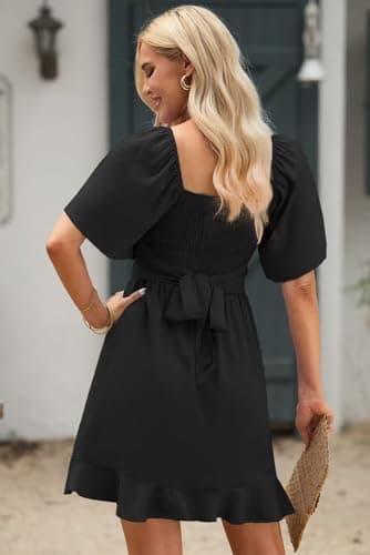 Dokotoo Womens Summer Wrap V Neck Short Flared Sleeve Smocked Elastic Waist Tiered Belted Ruffle Hem Mini Dress Graduation Dress Black M - Image 4