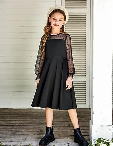 Arshiner Girl's Contrast Mesh Puff Long Sleeve High Waist A Line Black Short Dress with Pockets 9-10 Years - Image 8