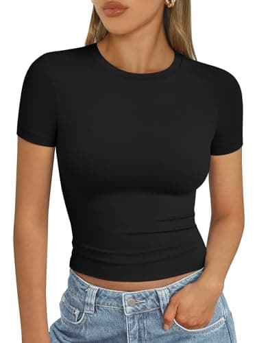 AUTOMET Womens Short Sleeve T Shirts Basic Summer 2025 Workout Tops Crew Neck Gym Crop Tops Trendy Y2K Clothes Black S - Image 1