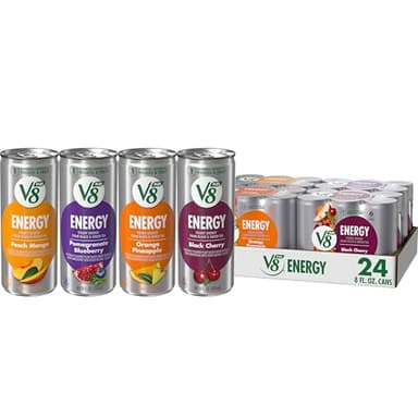 V8 +Energy Peach Mango, Orange Pineapple, Black Cherry and Pomegranate Blueberry Juice Energy Drinks, 8 fl oz Can (24 Pack) - Image 1