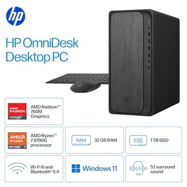 HP OmniDesk Desktop Computer PC, AMD Ryzen 7 8700G, 32GB DDR5 Memory, 1TB NVMe SSD, Radeon 780M Graphics, Wi-Fi 6 + Bluetooth 5.4 (Includes Keyboard + Mouse) - Image 5
