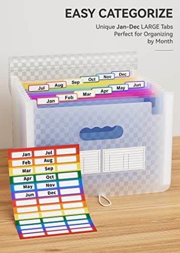 ABC life 12 Pockets Accordion File Organizer Expanding File Folders, Portable Monthly Bill Receipt Document Organizer, Expandable Accordian Filing Folder Letter A4 Size, Colored Tabs (Blue) - Image 4