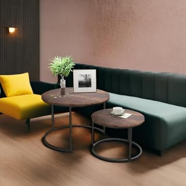 HOJINLINERO Industrial Round Coffee Table Set of 2 End Table for Living Room,Stacking Side Tables, Sturdy and Easy Assembly,Wood Look Accent Furniture with Metal Frame,Black+Rustic Brown - Image 5