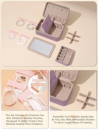 Lumayina Velvet Travel Jewelry Box with Large Mirror, Double-Layer Jewelry Organizer Case for Women and Girls, Portable Storage Case with 6 Anti-Tarnish Bags Gift Ready for Her (Lavender) - Image 4