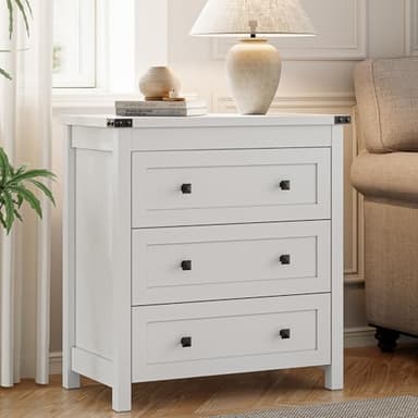 Dresser for Bedroom with 3 Drawers, Small Chests of Drawers, 27.55" Wide Farmhouse Wood Nightstand Bedside Cabinet End Table, Modern Closet Storage Organizer for Living Room, Entryway, Hallway, White - Image 4