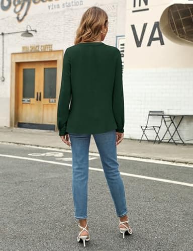 Blooming Jelly Women's Dressy Casual Blouses Business Work Chiffon Tops Trendy Long Sleeve V Neck Pleated Shirts 2025 Fall Outfits (Dark Green,Large) - Image 5