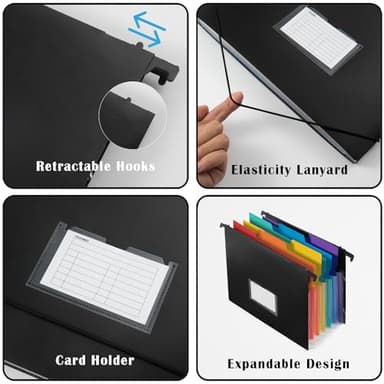 TRANBO 7-Pockets Hanging File Folder with Retractable Hooks for Filing Cabinet, Letter Size Expandable Accordion File Organizer with Elastic Band for File Frame or On-The-Go Use (6 Pack) - Image 2