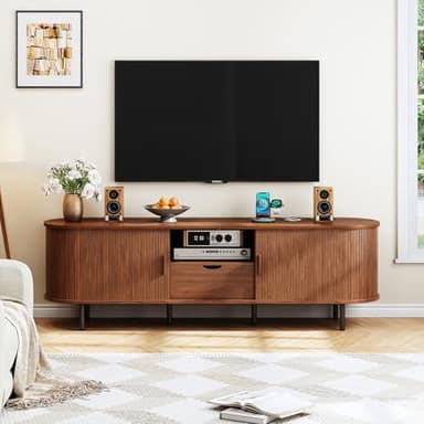 ONBRILL 69" TV Stand with Power Outlet for TVs up to 80", Entertainment Center with Storage and Drawer, TV Console with Adjustable Shelves and Sliding Door, TV Stand for Living Room, Bedroom, Walnut - Image 5