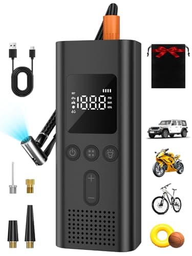 AIRSURE Tire Inflator Portable Air Compressor, 150 PSI Fast Inflation Cordless Air Pump with LED Light, Auto Shut-Off, Rechargeable Battery for Car, Motorcycle, Bike, and Sports Balls - Image 1