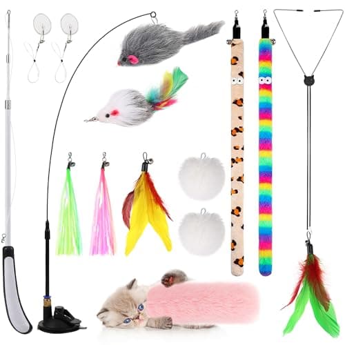 Janbenty 4-in-1 Interactive Cat Feather Toys with Durable Retractable Fishing Pole, Enhanced Suction Cup Toy, Door Hanging Teaser Toy and 11 Attachments Replacements for Bored Indoor Adult Cats - Image 1
