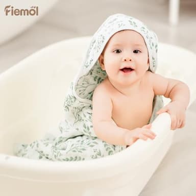 FIEMOL Baby Bath Towels, 100% Muslin Cotton Hooded Baby Towels for Newborn, Infant and Toddler, 2 Pack Soft and Absorbent Unisex Bath Essentials with Large 32x32Inch Size - Image 2
