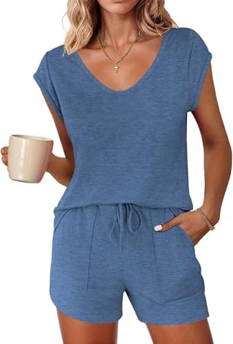 Ekouaer Womens Pajama Sets Comfy Short Sleeve Sleepwear Tops and Shorts Cute Pjs 2 Piece Lounge Set,Navy,Large - Image 1