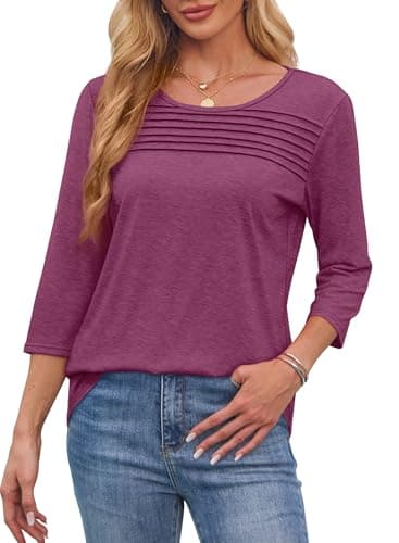 Womens Tops Dressy Casual Trendy Summer Blouses 3/4 Length Sleeves Pleated Front Loose Fit Tshirts Shirts Plus Size Womens Clothing Dusty Red 3XL - Image 3