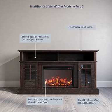 BELLEZE Traditional 58" Rustic TV Stand with 23" Electric Fireplace Heater with Sound, Media Entertainment Center Console Table for TV up to 65" with Open Storage Shelves and Cabinets - Espresso - Image 4