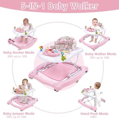5 in 1 Foldable Baby Walker, Activity Baby Walker-Baby Bouncer, Rocker, Activity Center,Seat and Push Walker,Detachable Trampoline Mat, Adjustable Speed Rear Wheels and Height,Ages 6-18 Months(Pink) - Image 2