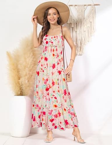 GRACE KARIN Women's 2025 Summer Casual Boho Sundress Flower Spaghetti Strap Square Neck Flowy Maxi Dresses with Pockets Red White Floral XXL - Image 7