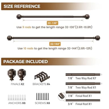 KAMANINA Curtain Rods for Windows 72 to 144 Inches (6-12ft) Long Heavy Duty Curtain Rod, 7/8 Inch Adjustable Decorative Drapery Rods with Netted Texture Finials, Bronze - Image 9