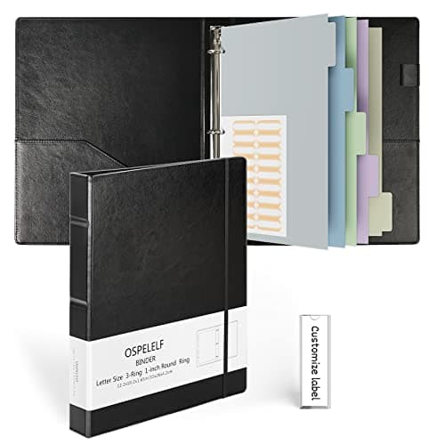 Ospelelf Vintage Hardcover 3 Ring 1 inch Leather Binder, Professional Binders Organizer Suitable for Letter Size Documents, Binder Dividers with Tabs, Faux Black Leather - Image 1