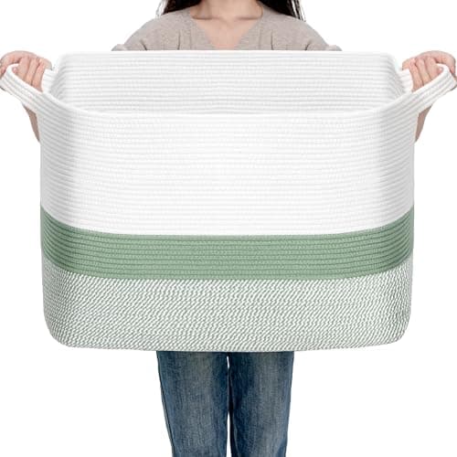 CLHMILY&Z Stylish Square Cotton Rope Storage Basket - 22x17x13.8 Inches - Perfect Nursery Storage Bin and Baby Toy Basket for Organizing Toys and Blankets - Image 1