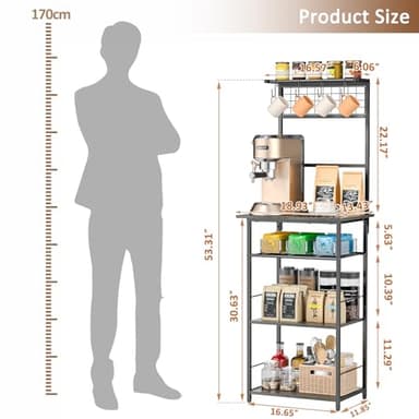 5 Tier Coffee Bar Station, Kitchen Stand with 4 S-Shaped Hooks, Farmhouse Corner Coffee Bar for Small Spaces, Bakers Rack for Kitchen, Entryway, Living Room, 13.43" D x 18.93" W x 53.31" H,Gray - Image 2