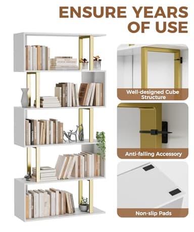 Gadroad 5 Tier Geometric Bookcase,S Shaped Bookshelf, Wood Decorative Storage Shelving, Modern Freestanding Display Shelves, Tall Book Shelf Unit for Living Room Bedroom, Gold - Image 6