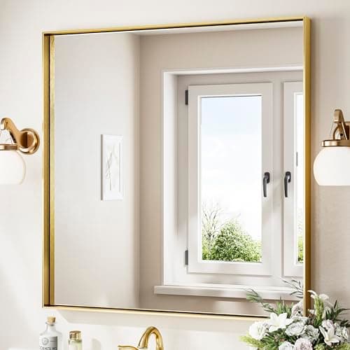 Keonjinn 36 x 36 in Brushed Gold Bathroom Mirror, Square Metal Framed Wall Mirror for Bathroom, Decorative Shiny Brass Gold Vanity Mirrors, Aluminum Alloy Frame Modern Farmhouse Rectangle Mirrors - Image 1