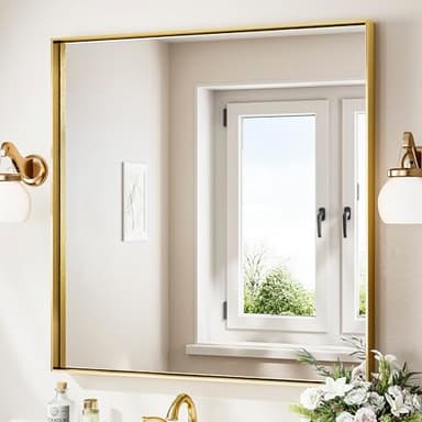 Keonjinn 36 x 36 in Brushed Gold Bathroom Mirror, Square Metal Framed Wall Mirror for Bathroom, Decorative Shiny Brass Gold Vanity Mirrors, Aluminum Alloy Frame Modern Farmhouse Rectangle Mirrors - Image 1