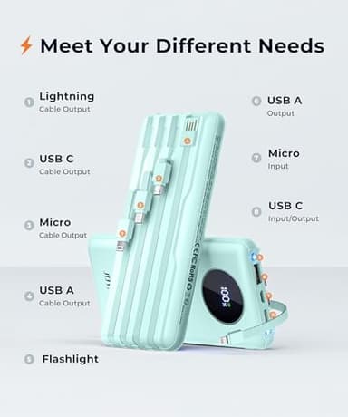 JOYFAR Portable-Charger-Power-Bank Travel Essentials Battery Pack USB C 10000mAh Built in Cable 22.5W Phone Fast Charging Powerbank Compatible with iPhone 16 15 14 13 12 11 iPad Samsung Google (Green) - Image 8