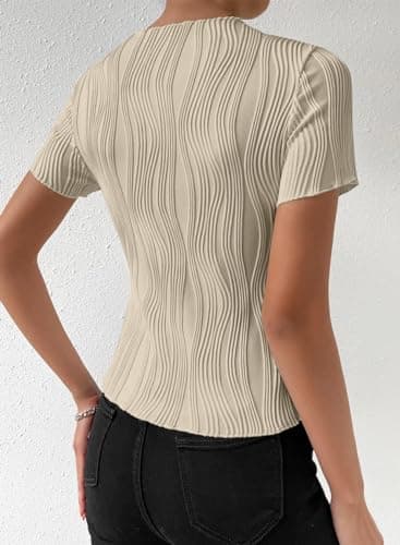 EVALESS Womens Tops Dressy Casual Trendy Summer Short Sleeve Round Neck Textured Blouses 2025 Fashion Slim Cute Lettuce Trim T Shirts Clothes Outfits,Apricot Medium - Image 4