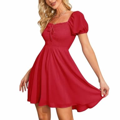 Byinns Women's Sweetheart Neckline Dress Smocked Sundress Puff Short Sleeve Drawstring Dresses Red - Image 1