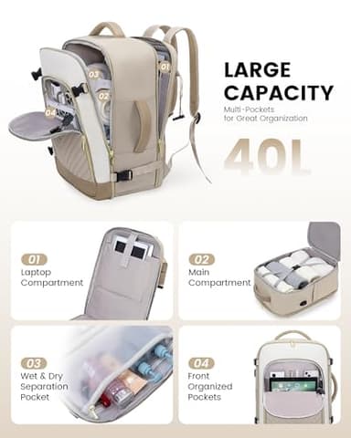 LOVEVOOK Large Travel Backpack for Women, TSA Carry on Backpack for Airplanes, 40L Personal Item Travel Bag for Women fits 17" Laptop,Waterproof Carry on Bag Airplane Approved with 3 Packing Cubes - Image 4