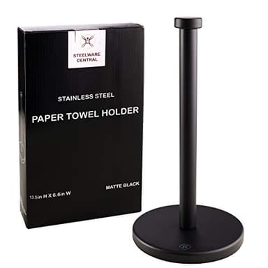 Steelware Central Black Paper Towel Holder Countertop Stainless Steel Paper Towel Stand with Weighted Non-Slip Base - One-Handed Tear, Rust-Resistant - Image 1