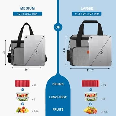 Femuar Lunch Bags for Women/Men, Insulated Lunch Bag for Work Office Picnic - Lunch Cooler Bag Leakproof Lunch Box with Adjustable Shoulder Strap - Grey(8.7L - Image 3