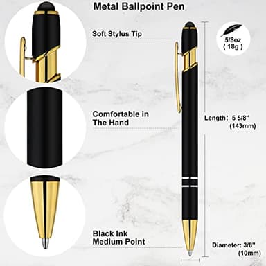 LINFANC 12 Pack Black Gold Ballpoint Pen with Stylus Tip, 1.0 mm Black Ink Smooth Writing Pens, Metal Stylus Pens for Touch Screens - Image 2