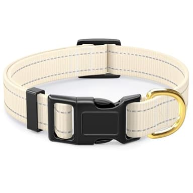 TMOODEL Reflective Dog Collar for Medium Dogs, Cute Adjustable Heavy-Duty Nylon Puppy Collars for Boy and Girl Female, Soft Pet Accessories with Quick Release Buckle, Neck 14-20", Beige - Image 1