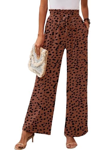 Heymoments Women's Wide Leg Lounge Pants with Pockets Coffee Leopard Medium Lightweight High Waisted Adjustable Tie Knot Loose Comfy Casual Trousers - Image 1