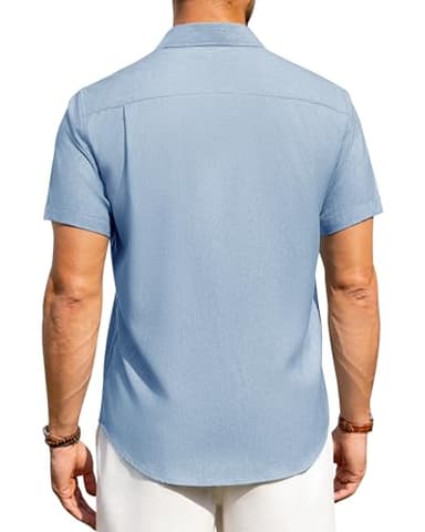 Alimens & Gentle Mens Linen Shirts Short Sleeve Button Down Shirts Wrinkle Free Casual Vacation Beach Summer Tops,Sky Blue,3XL - Image 4