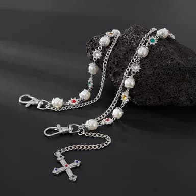 Fashion Layered Pants Wallet Chains - Exquisite Gold Silver Rhinestone Flower Pearl Jean Pocket Chain for Women Men Cute Bag Purse Charms Jewelry (link silver) - Image 7