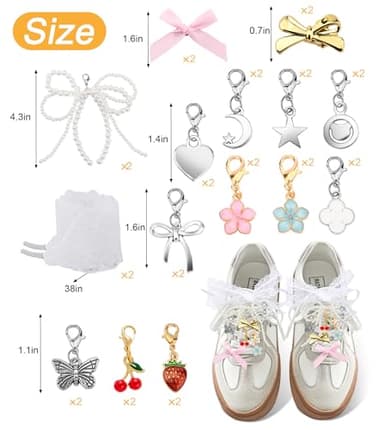 Yawlsow 30 Pcs Shoe Charms for Sneakers Junk Charm for Women with Ribbon Lace Shoelaces, Clips, Lobster Clasps, Pins, Bows, Pearl Charms Accessories Bulk for Bag Hat Fashion - Image 2