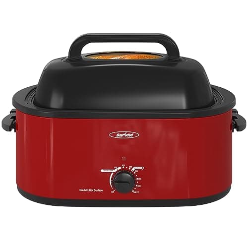 Sunvivi Roaster Oven, Electric Roaster Oven with Viewing Lid, 28lb 24-Quart Turkey Roaster with Unique Defrost/Warm Function, Large Roaster with Removable Pan & Rack, Stainless Steel, Red - Image 1