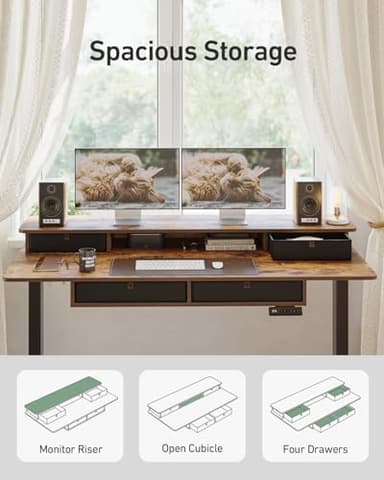 FEZIBO 60x30 inchs Height Adjustable Electric Standing Desk with 4 Drawers, Table with Storage Shelf, Sit Stand Desk with Splice Board, Black Frame/Rustic Brown Top - Image 5