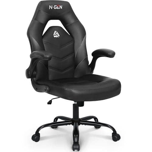 N-GEN Video Gaming Chair Ergonomic Computer Desk Office Chair with Lumbar Support Adjustable Height Swivel Wheels Flip-Up Arms PU Leather Home and Office (Black) - Image 1