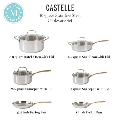 Martha Stewart Castelle 10 Piece 18/8 Durable Stainless Steel Induction Safe Pots and Pans Non-Toxic Kitchen Cookware Set - Gold Handles - Dishwasher Safe - Image 3