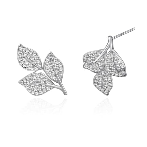 Silver Leaf Stud Earrings for Women Cubic Zirconia Earrings Studs 925 Sterling Silver Earrings Crystal Earrings Cz Studs Earrings for Gift - Image 1