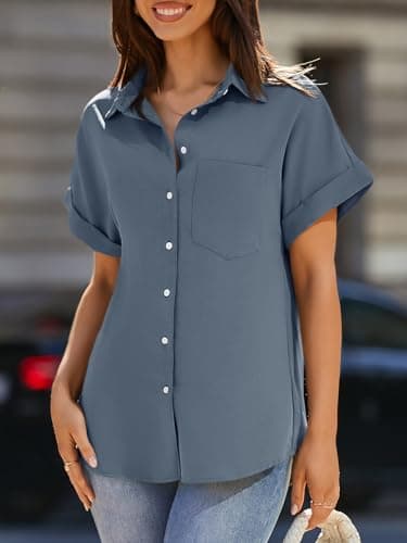 Beautife Womens Short Sleeve Shirts V Neck Collared Button Down Shirt Tops with Pockets Blue Grey - Image 2