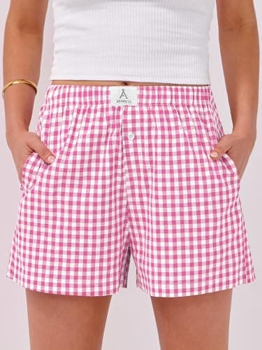 ANRABESS Boxer Shorts for Women Gingham Pajama 2025 Summer Casual Lounge Sleep Plaid Shorts Y2K Beach Bottoms Hot Pink White Plaid X-Large - Image 2