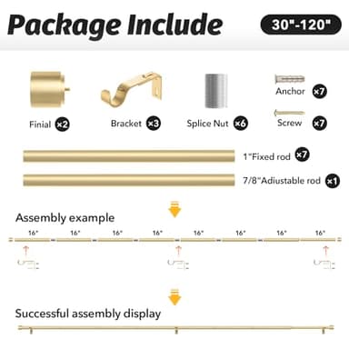 GEEBOBO Gold Curtain Rods for Windows 66 to 120 Inch, 1 Inch Adjustable Heavy Duty Easy Install Curtain Rods Set for Outdoor, Patio, Farmhouse, Bedroom, Living Room (Gold, 30"-120") - Image 6