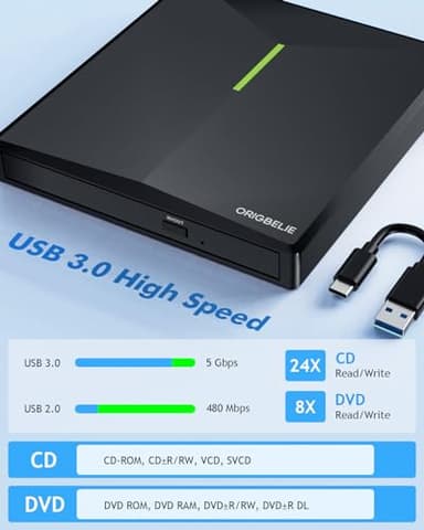ORIGBELIE External CD DVD Drive with 4 USB Ports and 2 TF/SD Card Slots, USB 3.0 Portable CD/DVD Disk Drive Player Burner Reader Writer for Laptop MacBook Desktop PC Windows 11/10/8/7 Linux Mac OS - Image 4