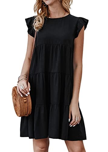 KIRUNDO Womens Dresses Summer Casual Sleeveless Ruffle Sleeve Round Neck Black Loose Short Flowy Pleated Mini Babydoll Dress (Black, Medium) - Image 1