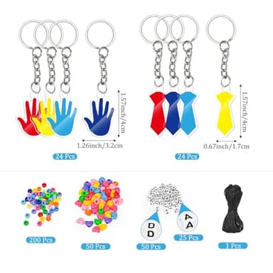 Cinrobiye 24 Set Fathers Day DIY Keychain Craft Kits Father’s Day Bead Keychain Kit Making Crafts Adjustable Dad Letter Colored Beads Strings Acrylic Tie Handprint Keyrings for Fathers Birthday Gifts - Image 2